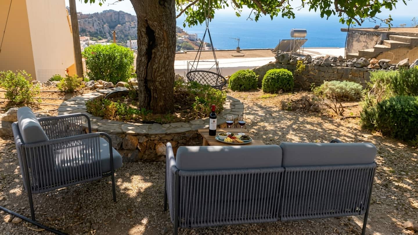 Garden lounge with sea view at the Sea View Stone House